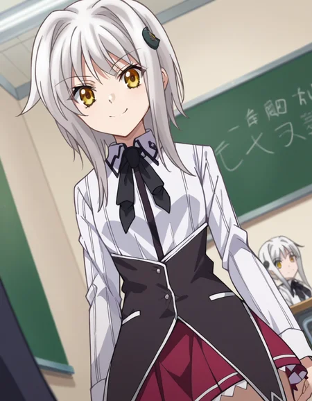 score_9, score_8_up, score_7_up, source_anime,
konekotoujou, <lora:koneko-toujou-ponyxl-lora-nochekaiser:1>,
koneko toujou, short hair, hair ornament, yellow eyes, white hair, smile,
skirt, school uniform, shirt, white shirt, collared shirt, neckerchief, black neckerchief, long sleeves, red skirt,
indoors, classroom,
looking at viewer, dutch angle, cowboy shot,