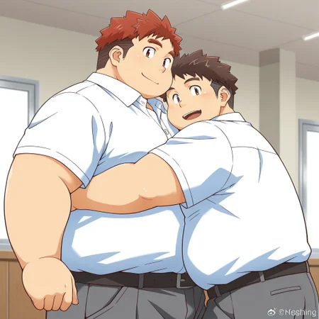 male, 2boys, 2boy, multiple characters,
BREAK masterpiece hi res, best quality, very detailed, highly detailed texture, score_9, score_8_up, score_7_up, score_6_up,
BREAK Expressive, cute expressive face,
BREAK anime coloring, detailed anime shading, eyeshd, anime eyes, anime hair, human, chubby, masculine, large pectorals, moobs, broad shoulders, round face, cherubic, bara, fat, chubby, moobs, chubby cheeks, chubby face, short male, showing off chubby body,
BREAK (1boy, Ryota, red short hair, hedgehog hair, thick red eyebrows, red eyes, fat face, belly),
BREAK (1boy, muscles, messy black short hair, thick black eyebrows, brown eyes, fat face, muscles),
BREAK short-sleeved white button shirt, dark grey pants, black belt, japanese clothing, school uniform,
BREAK school background, sunny day,
BREAK laughing, 1boy hugging the other boy and pressing bodies together, boys hugging, side hug, looking at viewer