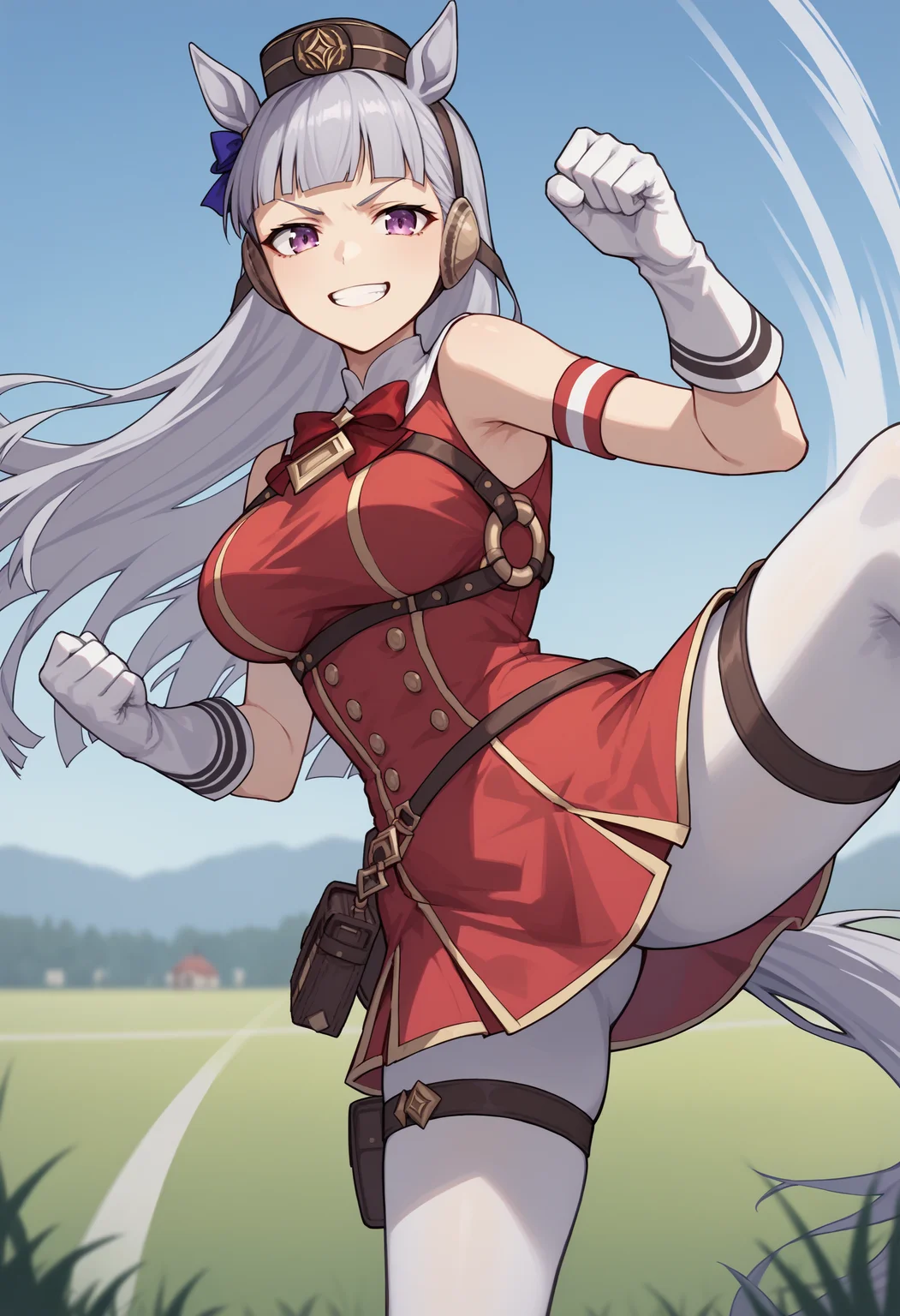 score_9, score_8_up, score_7_up, source_anime, gsdef, purple eyes, grey hair, horse ears, blunt bangs, long hair, pillbox hat, horse tail, red bow, armband, red dress, sleeveless dress, double-breasted, white gloves, white pantyhose, thigh strap, large breasts, high heel boots, white footwear, pov, kicking, flying kick, grin, outdoors, grass, sky, motion blur, blurry background, looking at viewer<lora:GoldShipPDXLv6:1>
