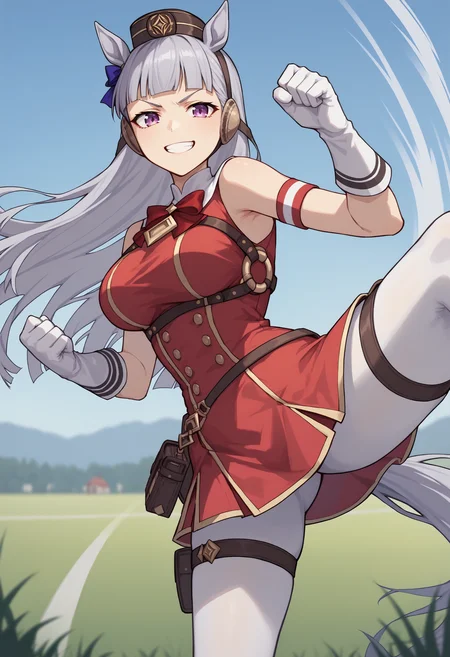score_9, score_8_up, score_7_up, source_anime, gsdef, purple eyes, grey hair, horse ears, blunt bangs, long hair, pillbox hat, horse tail, red bow, armband, red dress, sleeveless dress, double-breasted, white gloves, white pantyhose, thigh strap, large breasts, high heel boots, white footwear, pov, kicking, flying kick, grin, outdoors, grass, sky, motion blur, blurry background, looking at viewer<lora:GoldShipPDXLv6:1>