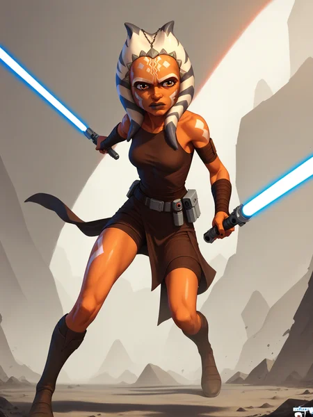 score_9, score_8_up, score_7_up, score_6_up, score_5_up,
lightsaber, energy sword, alien, weapon, sword, dual wielding, solo, holding, 1girl, science fiction, animification, colored skin, orange skin
 <lora:Clone_Wars_3D:1>