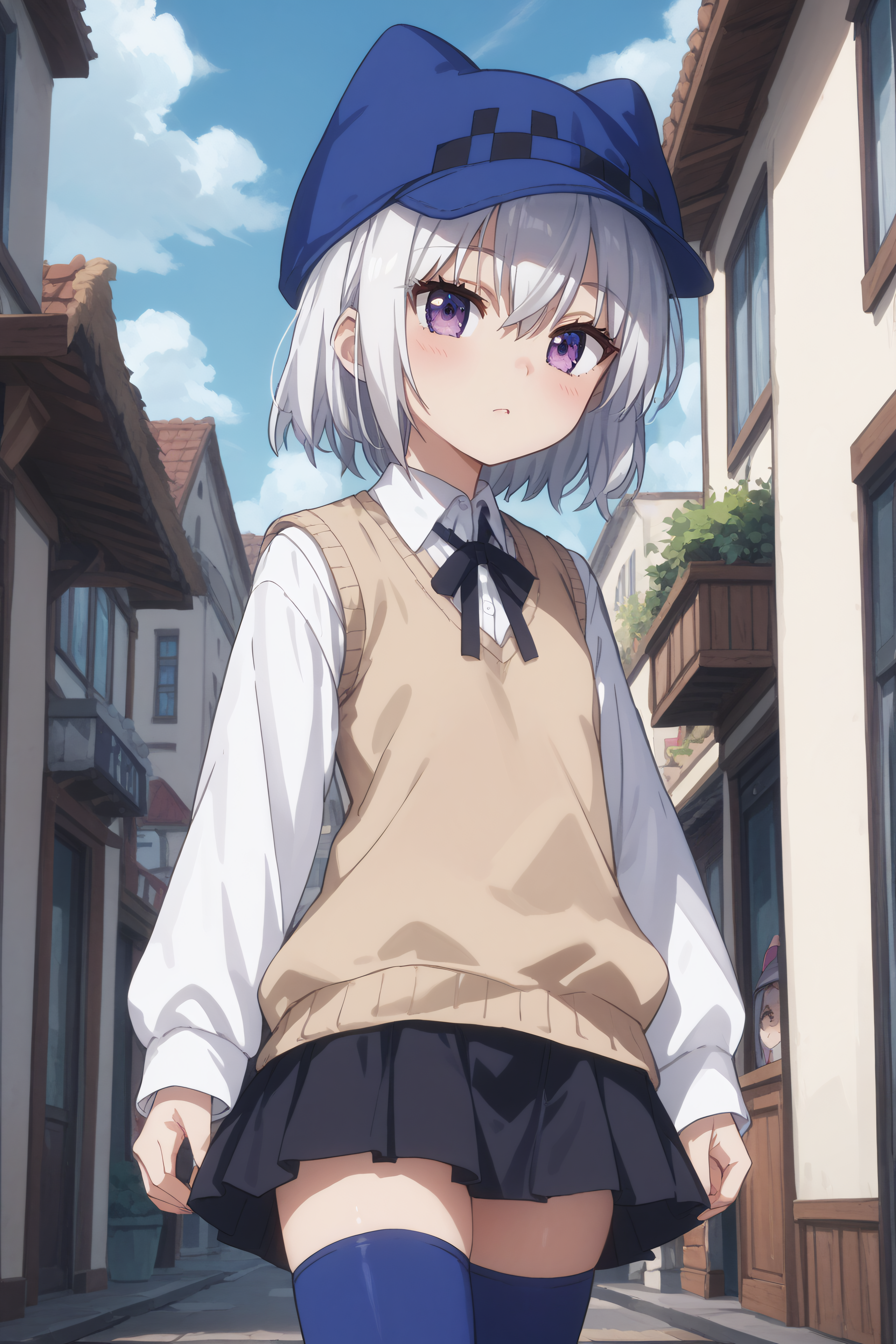 score_9, score_8_up, score_7_up, source_anime, <lora:Athena-PonyXL-lora-Faxtron:0.8> athena, purple eyes, white hair, short hair, hat with ears, beige sweater vest, white shirt, black neck ribbon, long sleeves, black skirt, blue thighhighs, standing, anime screencap,
