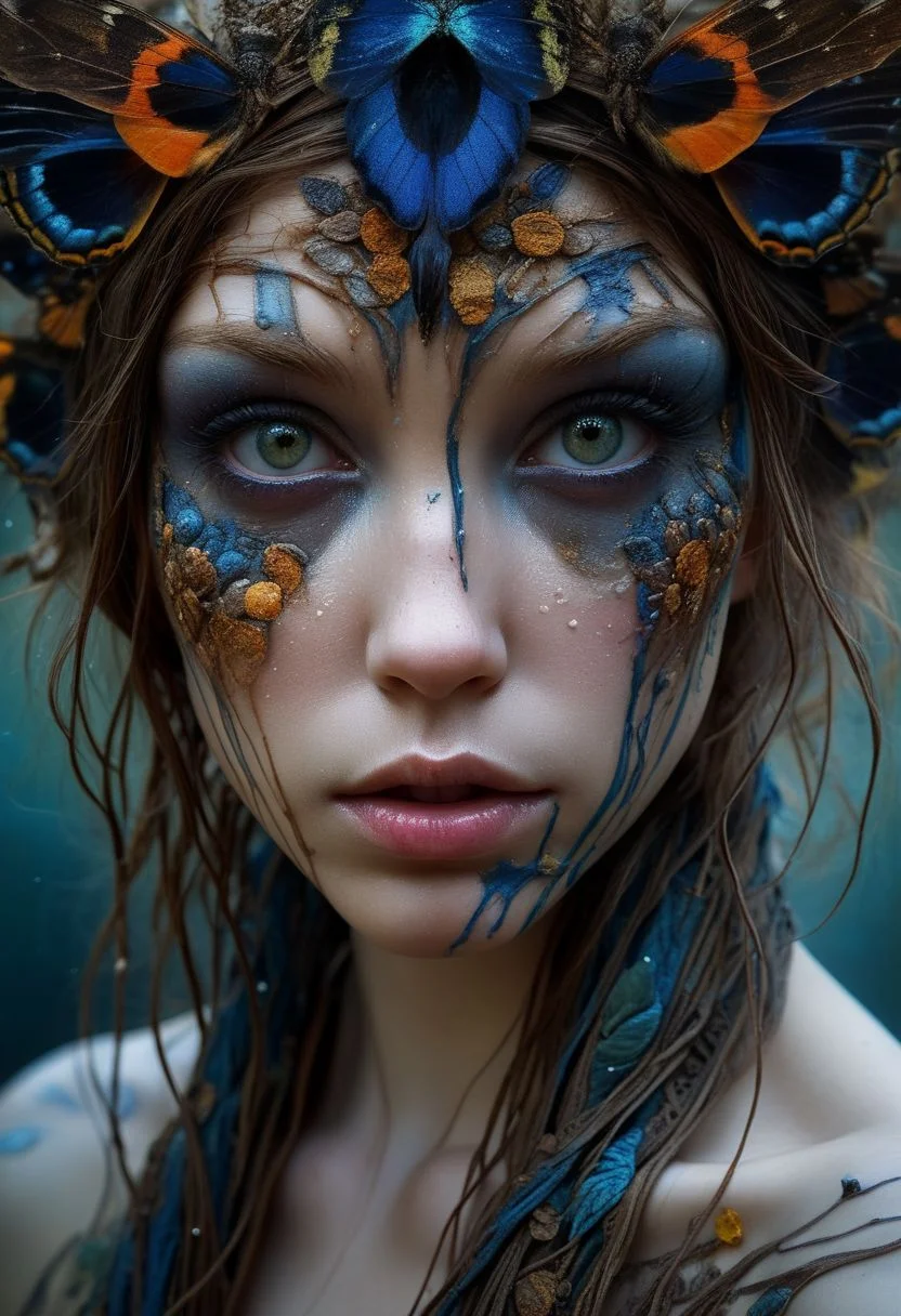 Close-up face, messy make-up, mysterious girl in traditional clothing, goddess, alluring, by Minjae Lee, Carne Griffiths, Emily Kell, Steve McCurry, Geoffroy Thoorens, Aaron Horkey, Jordan Grimmer, Greg Rutkowski, amazing depth, double exposure, surreal, intricately detailed, bokeh, perfect balanced, deep fine borders, artistic photorealism , smooth, great masterwork by Suiras <lora:add-detail-xl:2> <lora:Double_Exposure:0.5>
