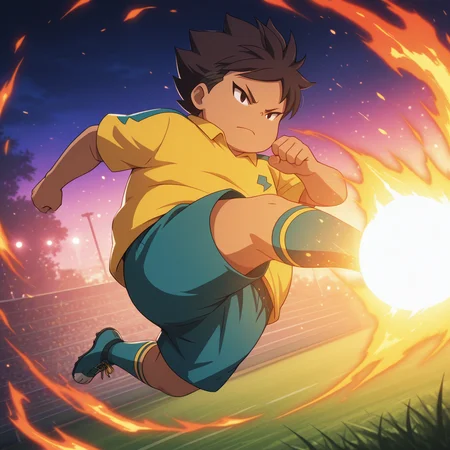((deep contrast, luminous lighting, cinematic ambiance, best quality, colorful, masterpiece, detailed_background, very aesthetic, absurdres, highres, newest)), <lora:kozomaru-v2-10:1> fkozomaru, 1boy, young, chubby, raimon_soccer_uniform, outdoors, night,
, flaming_kick, dynamic_pose, fire_effects, (spiral_flames around body:0.5), blazing_light, action_scene, dutch angle,
, soccer, inverted pose, (kicking soccer ball), midair, (soccer ball on feet)