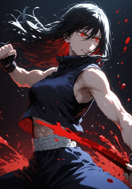 <lora:Jujutsu_Kaisen:0.8>,<lora:GEN 0.1v:0.6>,<lora:Expressive_H-000001>,
source_anime,score_9,score_8_up,score_7_up,score_6_up,Volumetric Lighting,Cinematic Lighting,dark theme,low light,sidelighting,looking ahead,splatter background,splash paint background,multicolored background,gradient,from side,
1girl,solo,adult,tall female,black hair,long hair,long bangs,full bangs,hair between eyes,straight hair,red eyes,pale skin,toned,medium breasts,angry,sweat,sweat,baggy pants,fighting stance,high collar,fingerless gloves,black jacket,sleeveless,glowing eyes,blood splatter,holding sword,iaidou,sheathed,scabbard,