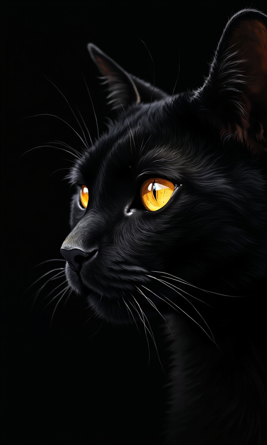 Close-up of a black cat's face.Â 
The cat's head and face fill most of the image. The fur is a deep black, with detailed lines and shading that suggest texture and depth.Â 
The cat's eye is a striking golden yellow, positioned to be part of the image's focal point.Â  The highlights are concentrated on the eye and the eyeâs surrounding area, giving an impression of light coming from within the eye.Â 
The cat's nose and whisker area are visible, also detailed with black and subtle gradations.Â 
The background is entirely black, contrasting sharply with the cat's features and highlighting the illuminated eye. The effect is one of a dramatic, stylized portrait of a black cat.
 <lora:FLUX-daubrez-DB4RZ-v2:1> DB4RZ, DB4RZ style painting