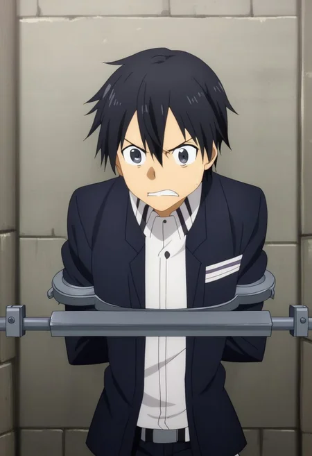 high resolution, professional photography, solo, best quality, 1Boy, Kazuto Kirigaya, Black Hair, Black Eyes, arrested, restrained, struggling, OverallDetail