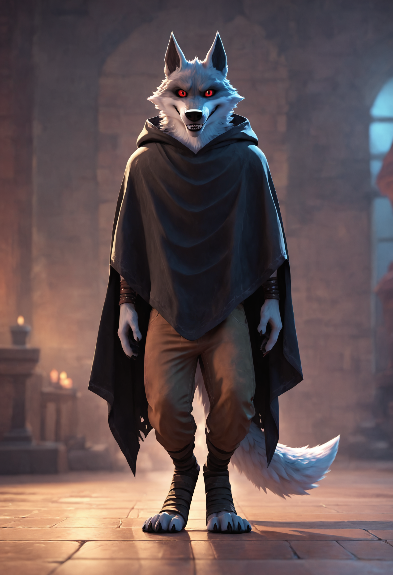 <lora:DreamWorks_Furry_Mix:0.6>, score_9, score_8_up, score_7_up, score_6_up, BREAK
source_furry, DeathWolf, 1boy, full body, black cape, (front view:1.2), looking at viewer, smile, perfect face