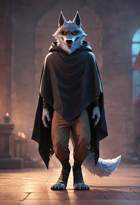 <lora:DreamWorks_Furry_Mix:0.6>, score_9, score_8_up, score_7_up, score_6_up, BREAK
source_furry, DeathWolf, 1boy, full body, black cape, (front view:1.2), looking at viewer, smile, perfect face