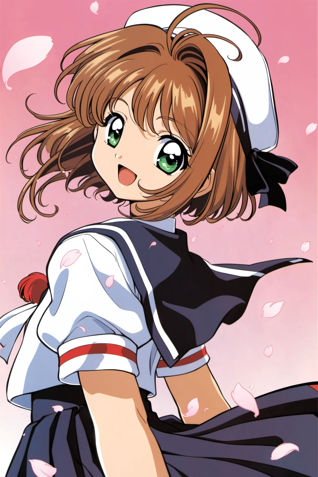 1girl, kinomoto sakura, solo,tomoeda elementary school uniform, green eyes, brown hair, skirt, school uniform, open mouth, hat, short sleeves, short hair, looking at viewer, smile, petals, puffy sleeves, black skirt, puffy short sleeves, antenna hair, white headwear, looking back, cherry blossoms, sailor collar, :d, white shirt, shirt, bangs, arms behind back,<lora:Card Captor Sakura Anime_XL:0.8>