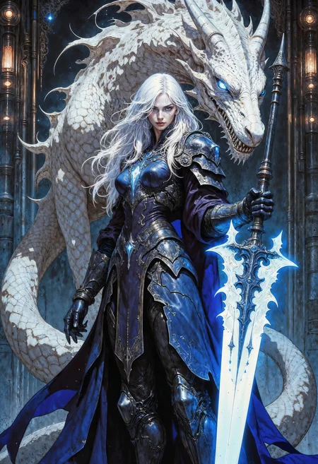 a futuristic, cyberpunk-styled female warrior. She stands in the center of the image, exuding a commanding presence. Her skin is pale and her long, flowing white hair contrasts starkly with the dark, metallic armor that covers her body. The armor is intricately detailed with sharp, angular lines and glowing blue accents, particularly around her right arm, which emits a vibrant, ethereal blue light.
She wields a large, double-headed scythe that is almost as tall as she is. The scythe has a metallic sheen, with one blade being a sharp, white, almost crystalline material, and the other blade emitting a similar blue glow. Her expression is intense and focused, with piercing blue eyes that match the glow from her arm.
Behind her, a massive, serpentine dragon with a similarly pale, almost white, scales is coiled protectively. The dragon's eyes are glowing blue, matching her arm and adding to the overall mystical and powerful aura of the scene. The background is a dark, industrial setting with blurred, metallic structures and neon lights, enhancing the cyberpunk feel. The artwork is highly detailed and rendered in a realistic yet fantastical style, typical of high-quality digital art.