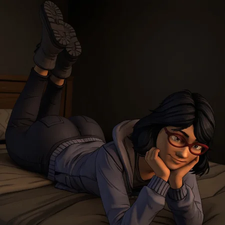 3D, Sarah, 1girl, alone, short shoulder-length black hair, red glasses, hooded jacket, partially unbuttoned, undershirt, pants, ankle boots
Sarah lying on a bed, perfect round butt, head on the edge of the bed, feet up. Face, smile, hands on chin. See user