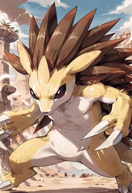 score_9, score_8_up, score_8,
zzSandslash, no humans, pokemon (creature), claws,
dynamic pose, attacking, angry, furious, slash, motion lines,
desert, sand storm, dust, swirls, wind,
zPDXL3,