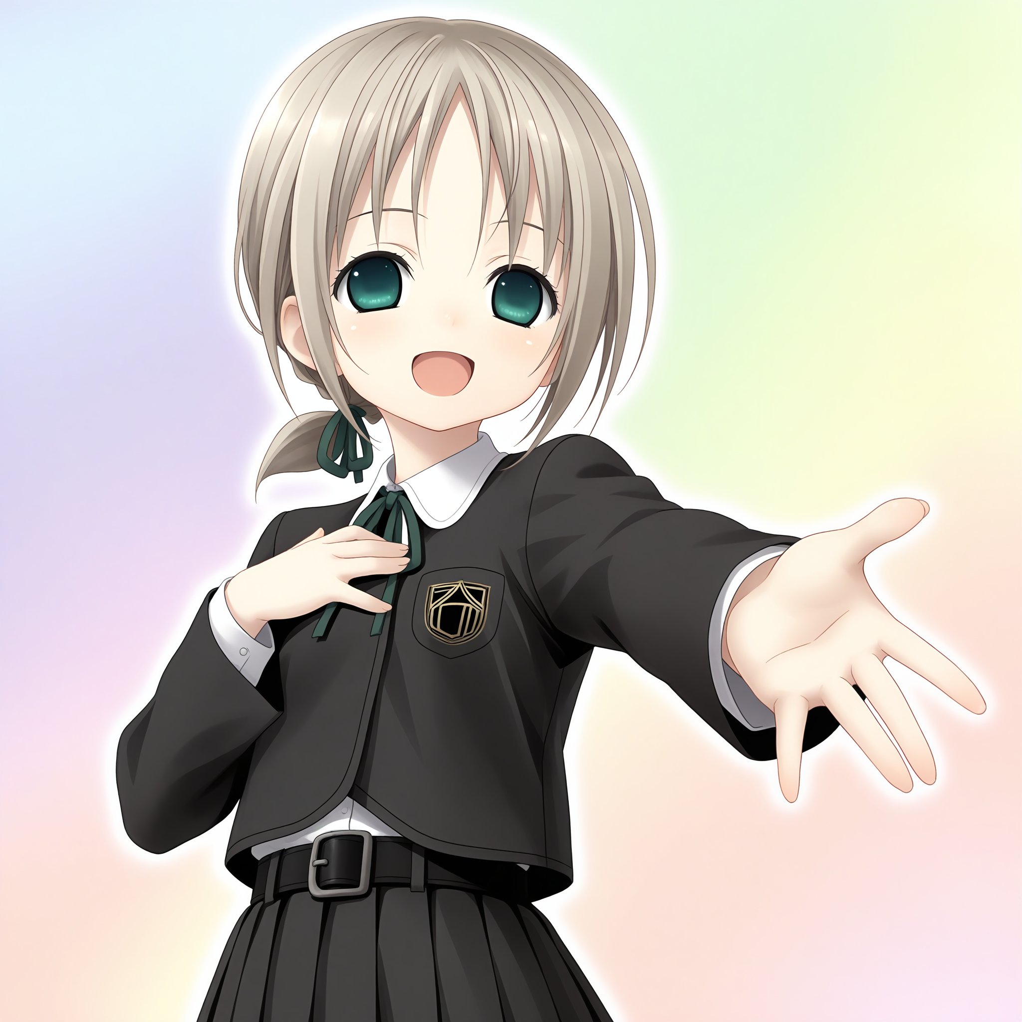 <lora:Liselsia_Cesarini_1_nai-000029:1>,Liselsia Cesarini,low ponytail,hair ribbon,green ribbon,
school uniform,long sleeves,black skirt,pleated skirt,collared shirt,white shirt,neck ribbon,black jacket,belt buckle,black belt,
1girl,solo,smile,singing,hand on own chest,outstretched arm,simple background,multicolored background,