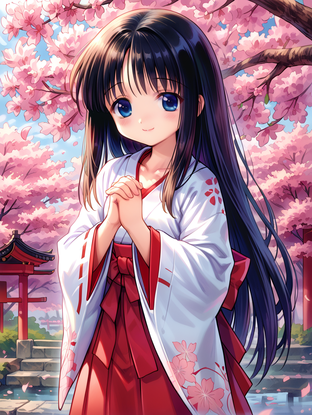 1girl, 
solo, cute face, black hair, long hair, straight hair, miko, red hakama, brack eyes, blush, outdoors, closed mouth, hands up, day, wide sleeves, white kimono, falling petal, long sleeves, cherry blossoms, standing, skirt, own hands together, blue eyes, looking at viewer, smile, japanese clothes, petals, tree, sidelocks, hakama, collarbone, cowboy shot, kimono, very long hair, copyright name, hakama skirt,
A young girl with long black hair and blue eyes. she is wearing a white blouse and red pants, and her hands are clasped together in front of her chest. the background is filled with pink cherry blossom trees, creating a beautiful and romantic atmosphere. the overall mood of the image is peaceful and serene.
score_9, score_8_up, score_7_up, source_anime
 <lora:style015:0.9>