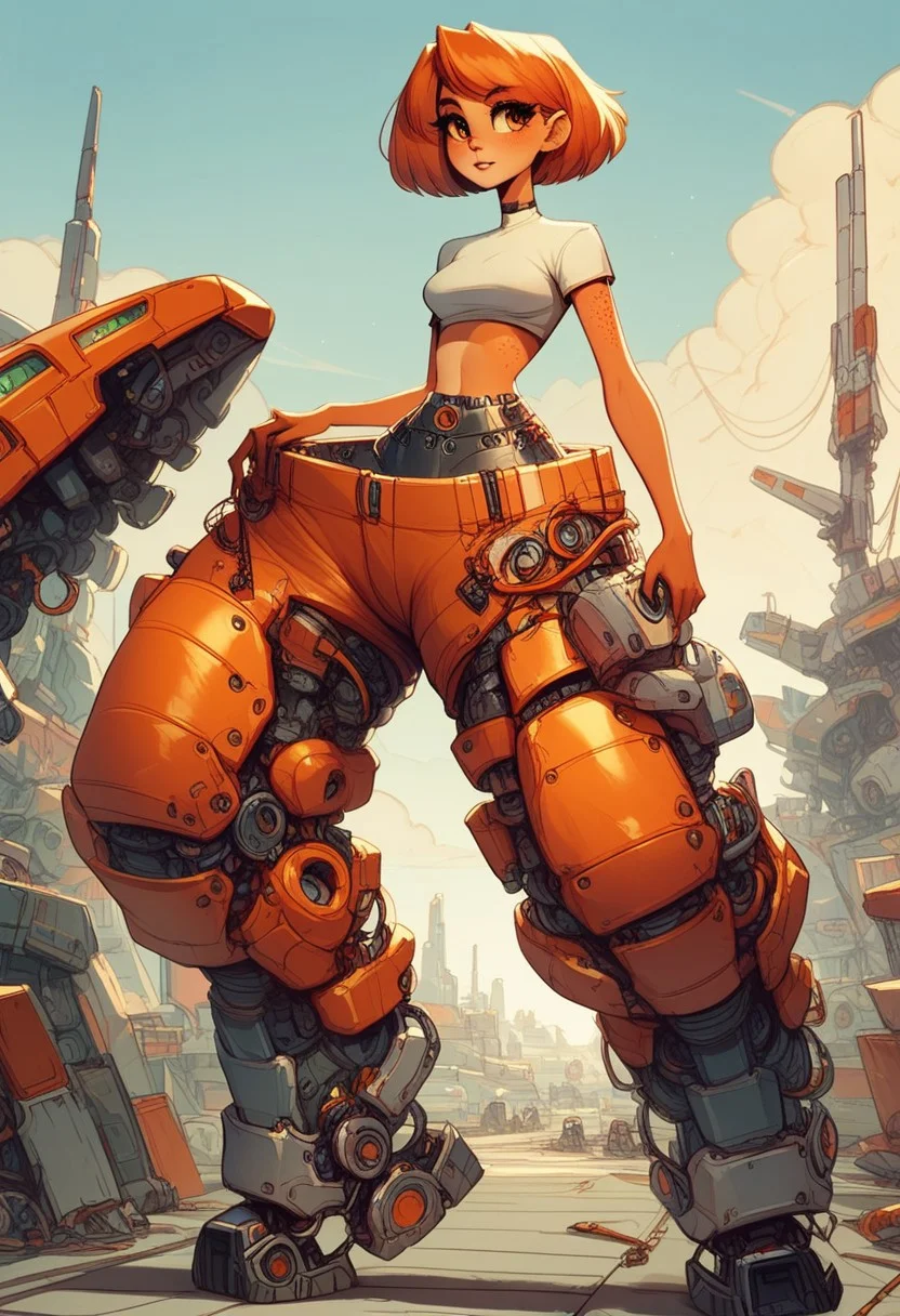 score_9, score_8_up, score_8_up, solo, 28yo, 1girl, mechpants, giant mechanical pants, crop top, hattiezazu, digital art, soft light
