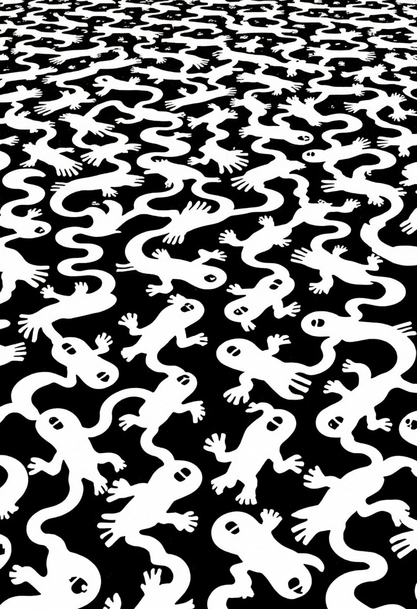 <lora:Pieper-Geometrics-Perspective:0.8>, a checkered black and white tesselation of abstract Gecko like figures interlocking based on circle geometric shapes.