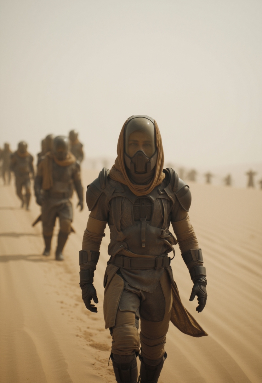 <lora:ck-dune-style_r1-000017:1>, ckdunestyle, ckmoviestyle, a group of warriors walking towars the camera, sand storm