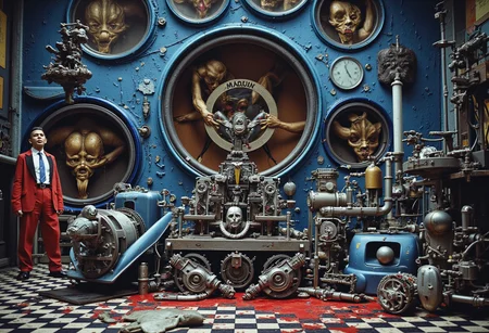 the words 'YOU MUST' written in large font fills the front of frame. In the back of frame weird man with in a dark room with checkerboard blue lotus PEOPLE ARE trapped inside machinery, people crushed inside mechanical gears, high gore arms crushed and bent, signs of wailing, people in business suits trapped in machinery. floors with blood on the ground with a white interior cyber tech electricity electical circuits illuminati symbols with brains and vaginas with high technology alchemical background lightning bolts