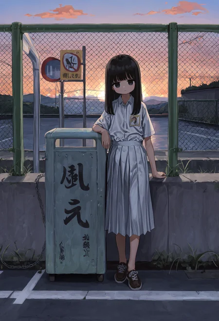 masterpiece, highres, absurdres, newest, very awa, outdoors, sunset, very wide shot, 1girl, solo, black eyes, white dress shirt, white skirt, pleated skirt, neutral expression, standing, straight-on, chain-link fence, leaning back, leaning on object, <lora:spo_sdxl_10ep_4k-data_lora_webui>, <lora:NOOB_EPSv1_1_detailer_by_vlnvk_v1_0>, <lora:noobai_ep11_stabilizer_v0.30_fp16>, <lora:sa1bi_r1>