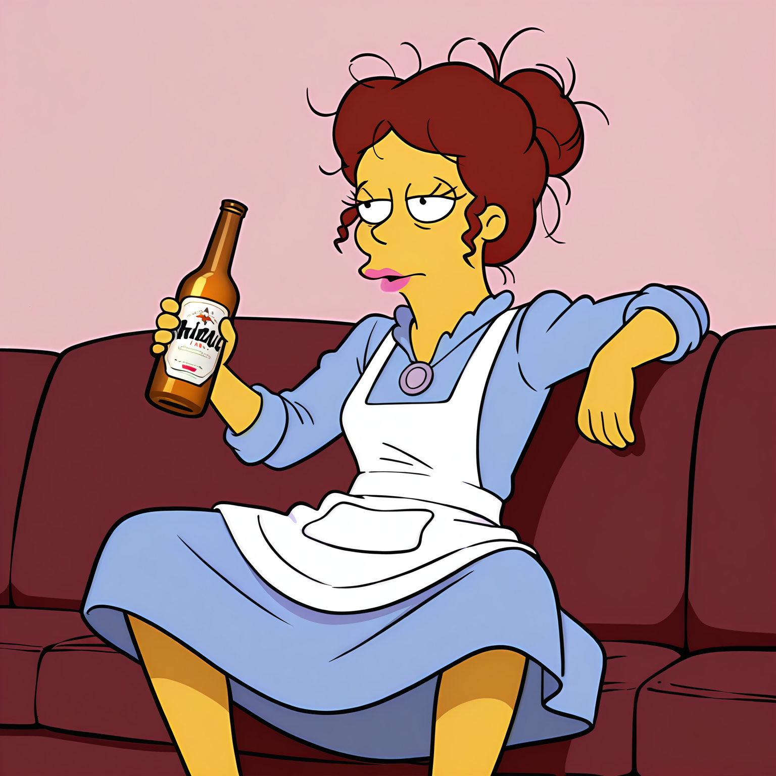 absurdres, 8k, high resolution, masterpiece, best quality, absolutely fantastic art, amazing quality, very aesthetic,1girl,solo,<lora:sharybobbins:.8>, sharybobbins, yellow skin, colored skin, pink lips, messy hair, blue dress, white apron, sitting on sofa, holding bottle of beer, style parody, model accurate, the simpsons style, legs apart
