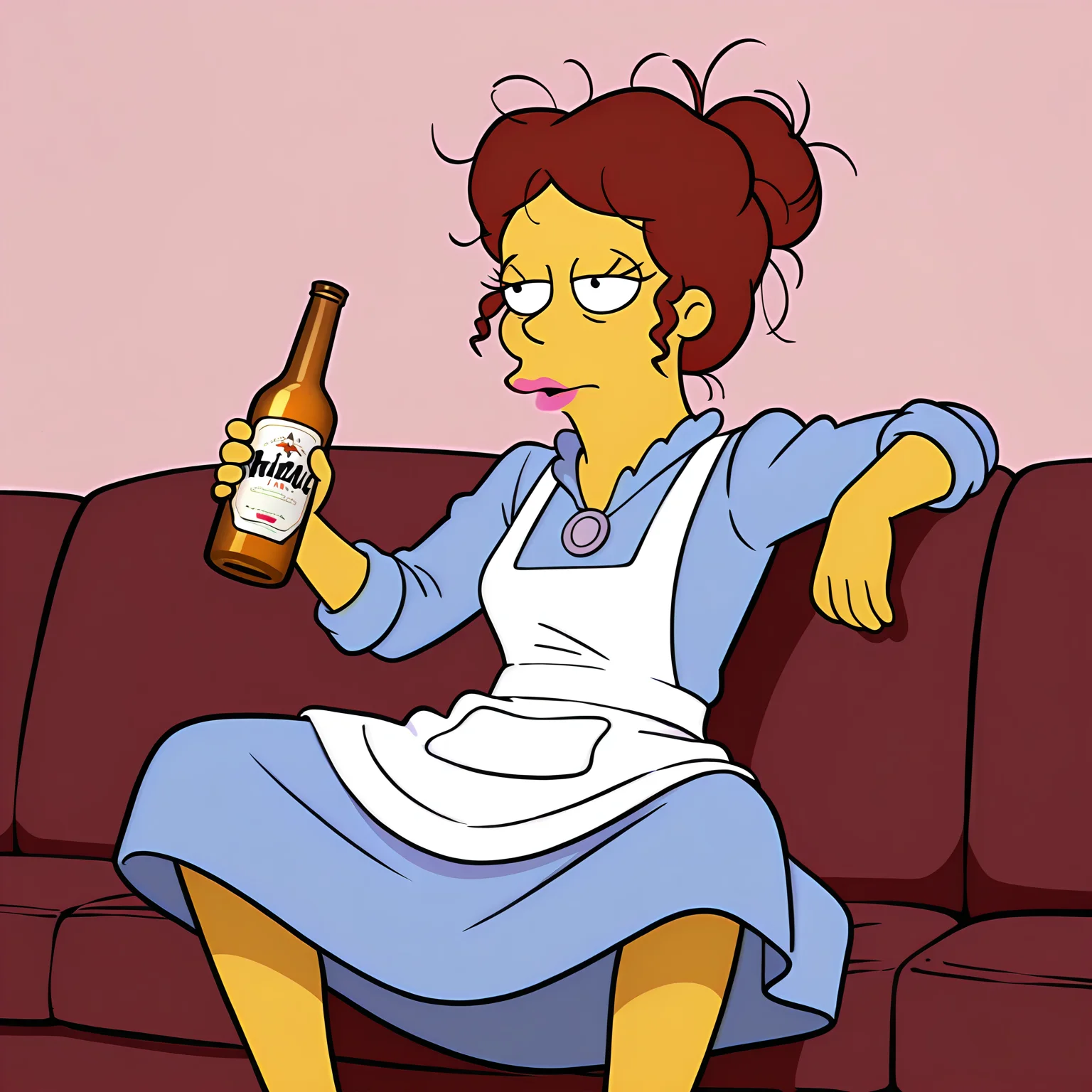 absurdres, 8k, high resolution, masterpiece, best quality, absolutely fantastic art, amazing quality, very aesthetic,1girl,solo,<lora:sharybobbins:.8>, sharybobbins, yellow skin, colored skin, pink lips, messy hair, blue dress, white apron, sitting on sofa, holding bottle of beer, style parody, model accurate, the simpsons style, legs apart