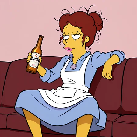 absurdres, 8k, high resolution, masterpiece, best quality, absolutely fantastic art, amazing quality, very aesthetic,1girl,solo,<lora:sharybobbins:.8>, sharybobbins, yellow skin, colored skin, pink lips, messy hair, blue dress, white apron, sitting on sofa, holding bottle of beer, style parody, model accurate, the simpsons style, legs apart