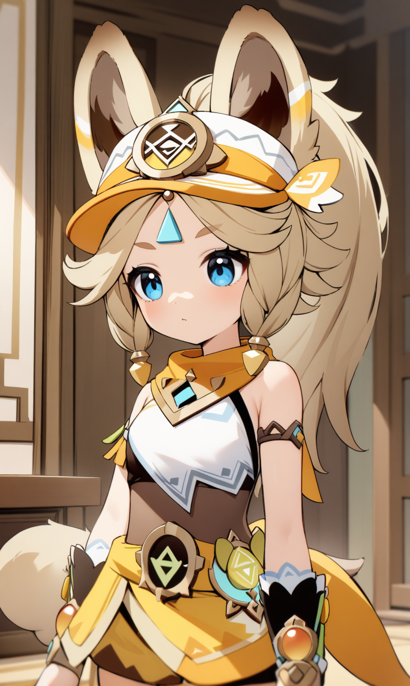 high quality,best quality,absurdres,<lora:kachina_(genshin_impact)-000028:0.7>,kachina (genshin impact),indoors,1girl,solo,blue eyes,blonde hair,animal ears,