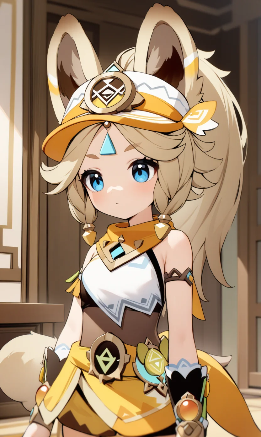 high quality,best quality,absurdres,<lora:kachina_(genshin_impact)-000028:0.7>,kachina (genshin impact),indoors,1girl,solo,blue eyes,blonde hair,animal ears,