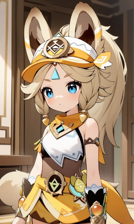 high quality,best quality,absurdres,<lora:kachina_(genshin_impact)-000028:0.7>,kachina (genshin impact),indoors,1girl,solo,blue eyes,blonde hair,animal ears,