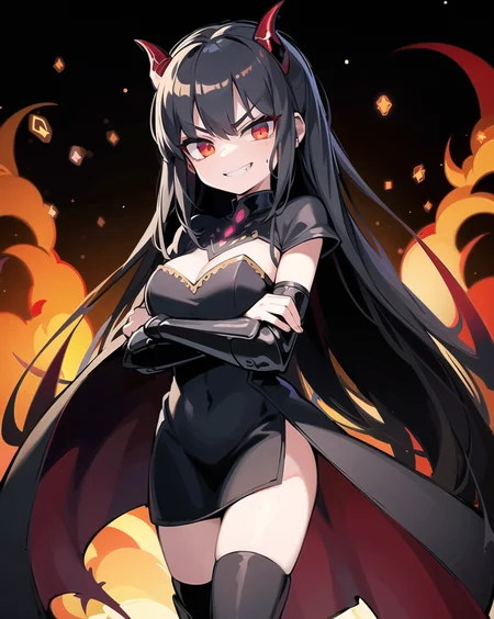 masterpiece, best quality, ultra-detailed, illustration, epic lighting, cinematic composition, colorful, 1girl, demon horns, black hair, red eyes, glowing eyes, standing, jewelry, (armored dress:1.2), armored boots, vambraces, red cape, (crossed arms:1.2), looking at viewer, smiling, teeth, cowboy shot, (v-shaped eyebrows:1.2), (evil, villain:1.2), grin, flames, sparks, smoke, bloom, bokeh, luxurious, dark, darkness, shadows, demonic, death, destruction, pride, greed, leader, queen, dark background,, (extremely detailed CG:1.2), (8k:1.1)