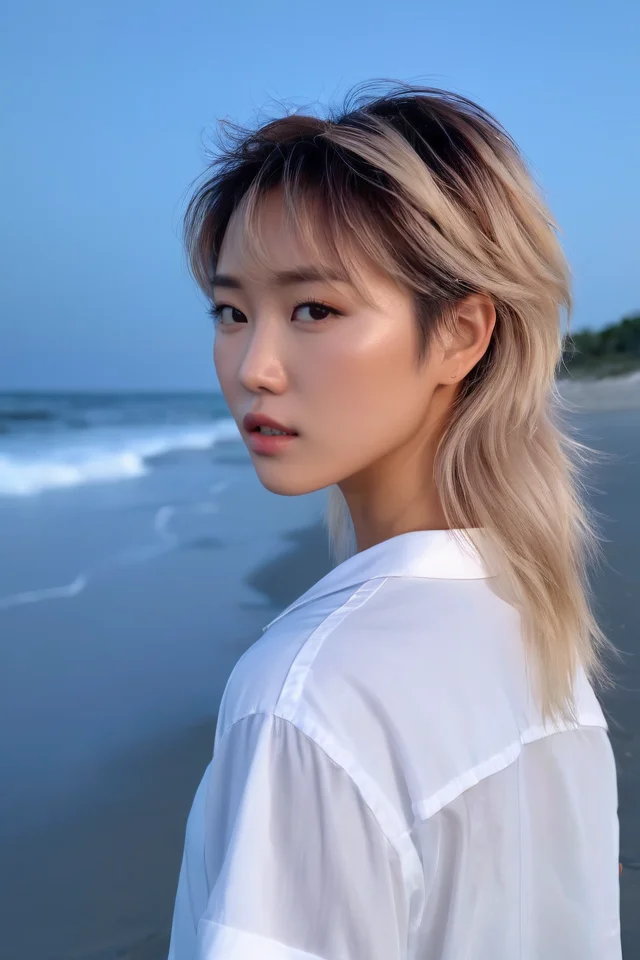 <lora:A_Mullet_Cut_SDXL_v3.1:1> mullet hair, masterpiece, realistic, 8k, (1woman), (blonde), asian, dreamy epression, white shirt, (brown hair:1.1) , at the beach, blue hour, messy hair,