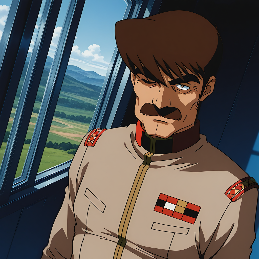 close-up of face,<lora:IL_Ryer:1>,1boy,solo,Isan Ryer/(gundam/),08ms_ir,beige tunic,EFF officer uniform,standing,short brown hair,mustache,thick eyebrows,sci-fi,large window,dutch angle,backlighting,natural light,drop shadow,chiaroscuro,faint light,one eye closed,glaring at,looking at viewer,landscape,, <lora:wai-A3-V140:1>,, masterpiece,best quality,amazing quality,very aesthetic,absurdres,