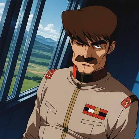 close-up of face,<lora:IL_Ryer:1>,1boy,solo,Isan Ryer/(gundam/),08ms_ir,beige tunic,EFF officer uniform,standing,short brown hair,mustache,thick eyebrows,sci-fi,large window,dutch angle,backlighting,natural light,drop shadow,chiaroscuro,faint light,one eye closed,glaring at,looking at viewer,landscape,, <lora:wai-A3-V140:1>,, masterpiece,best quality,amazing quality,very aesthetic,absurdres,