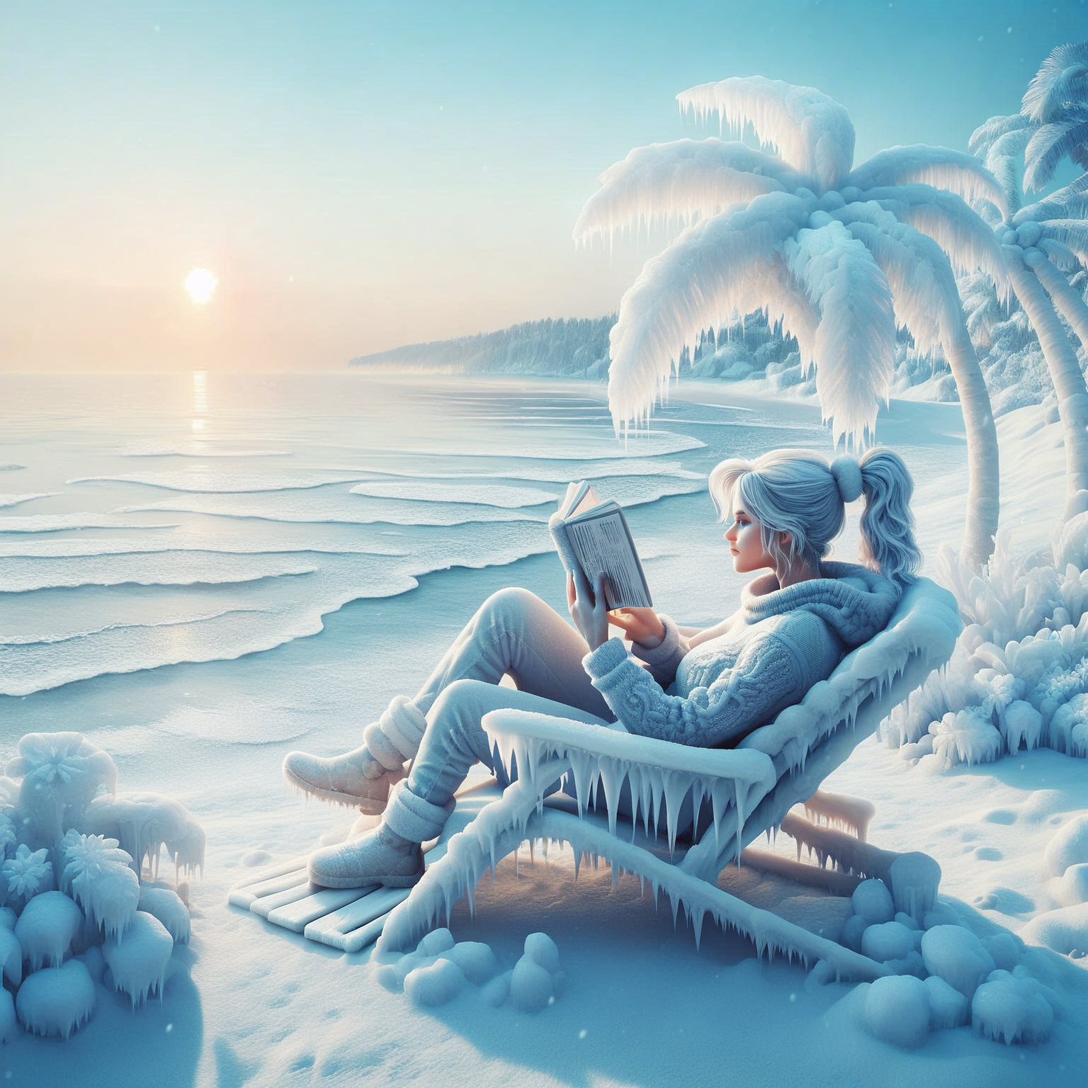 score_9, score_8_up, score_7_up, score_6_up, score_5_up, score_4_up, fr0stwrld, snow, ice <lora:Fr0stWrld4:0.9> BREAK
beach, sun, palm tree, sea, beach chair, beach umbrella, female, white hair, ponytail, looking away, sweater, pants, boots, holding book, reading, sitting
