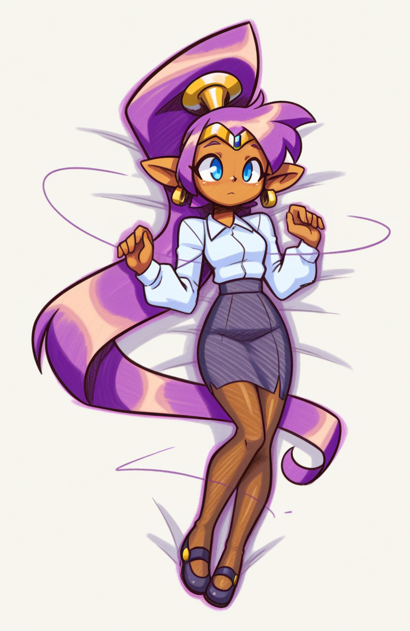 1girl, solo,
shantae, purple hair, very long hair, ponytail, pointy ears, dark-skinned female, office lady, blouse, jumper skirt, pantyhose, mary janes, lying, curled slightly, enticing curve, delicate expression, mysterious allure,
<lora:shadowhawx95:1> shadhawx, traditional media, hatching \(texture\), sketch, extremely detailed, highres, masterpiece, best quality