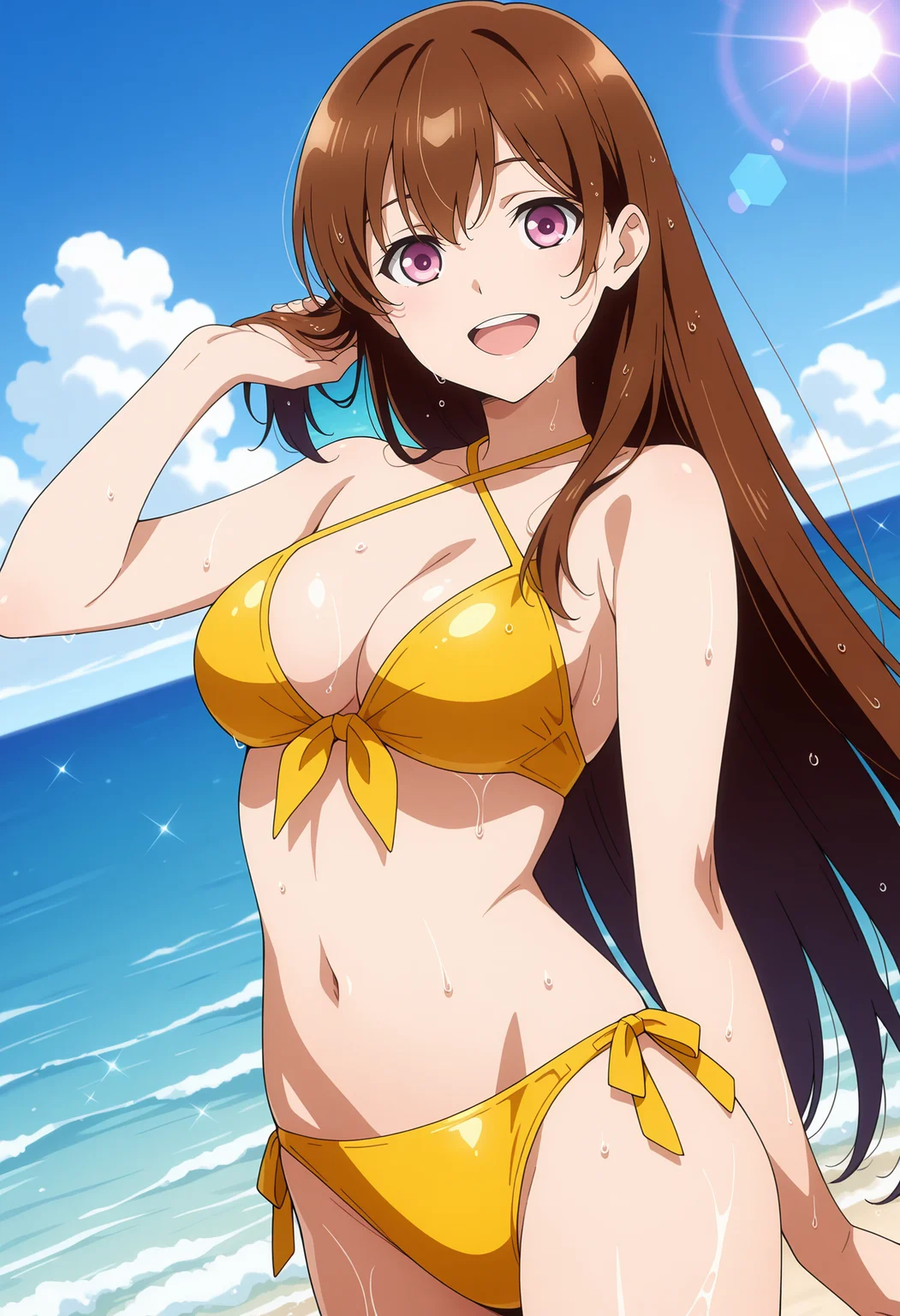 anime screencap, masterpiece, best quality,
<lora:FateGrandOrder_DivineRealm_XuanzangSanzang_IlluXL:0.9>,
1girl, solo, open mouth, smile, upper teeth only,
straight hair, very long hair, brown hair, purple eyes,
front-tie bikini top, criss-cross halter, yellow bikini, cleavage, medium breasts, side-tie bikini bottom,
standing, looking at viewer, wet body, wet hair, cowboy shot, dutch angle,
water, ocean, horizon, blue sky, sun, lens flare