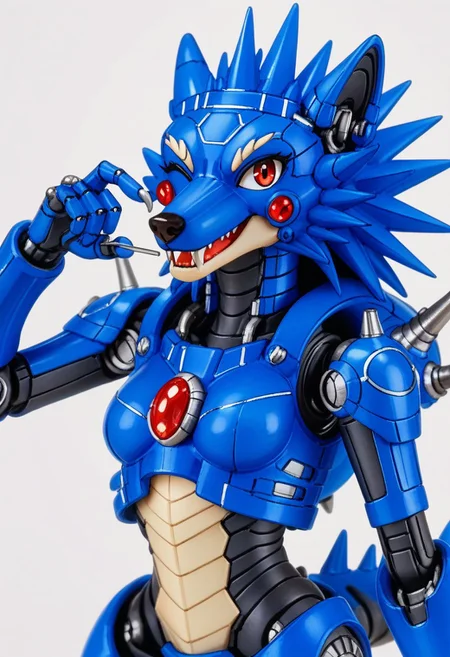 score_9, score_8_up, score_7_up, source_furry, source_anime, hari harry, friender, wolf, hedgewolf, megaman, megaman3, needle wolf, spikey shell, red eyes and gem (on body), claws, robotic, friender, hedgewolf, spike, spike head, spikey shell, robot, solo, (female:2), cowboy shot, looking at viewer, simple background, anthro, kind, calm, cute pose, one eye closed, wink