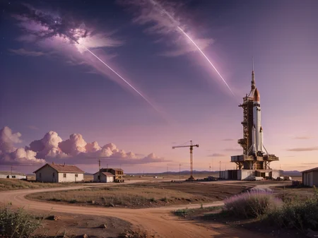 (rocket taking off:1.2), A landscape with a pointed house, purple sky, a construction crane
<lora:xl_real_beta1:0.9>