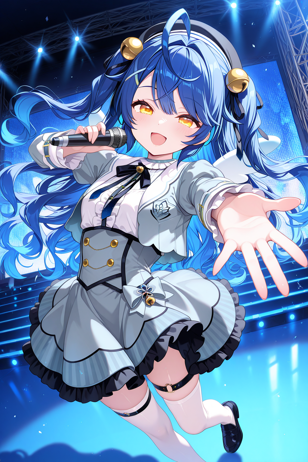 1girl, AmamiyaKokoroNijisanji,
general, solo, perspective, dynamic angle,
long hair, blue hair, two side up, wavy hair,
eyelashes, yellow eyes, mini wings,
black headwear, x hair ornament, hair bell,
grey jacket,
puffy sleeves, frilled sleeves,
cropped jacket,
breasts, open jacket, 
neck bell, white shirt, 
grey dress, thigh strap, white thighhighs, loafers,
smile, dynamic pose, outstretched arm,
singing,
blue theme, stage, 
<lora:kp_AmamiyaKokoroNijisanji1stCostumeIllustrious_v1_0:1.0>,
masterpiece, best quality, amazing quality