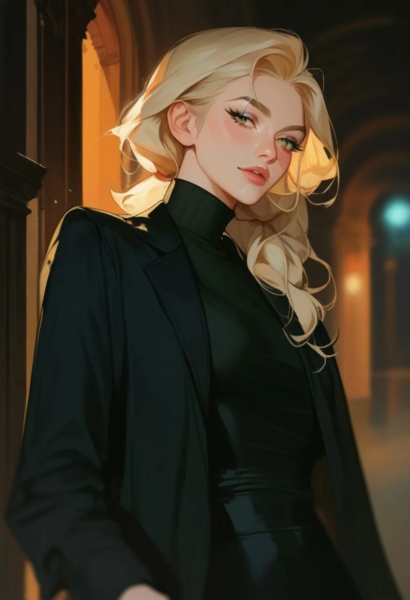 score_9, score_8_up, score_7_up, score_6_up, score_5_up, score_4_up,1girl, turtleneck sweater, black sweater, pale skin, semi-realism, medium breasts, tight clothes, dark narrow corridor, black latex gloves, formal suit, black suits, blonde hair, great artist, 8k, black formal jacket, shadows, cinematic scene, depth of field, long eyelashes, sharp eyebrows, sexy, seductive, Noise effect, old movie effect, old time, black eyeliner, 1980s style, long hair,