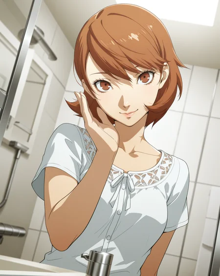 persona, soejima shigenori, anime coloring, 1girl, looking at viewer, upper body, indoors, takeba yukari, dutch angle, smile, bathroom, masterpiece, very awa, best quality, amazing quality, very aesthetic, absurdres, newest, intricate details