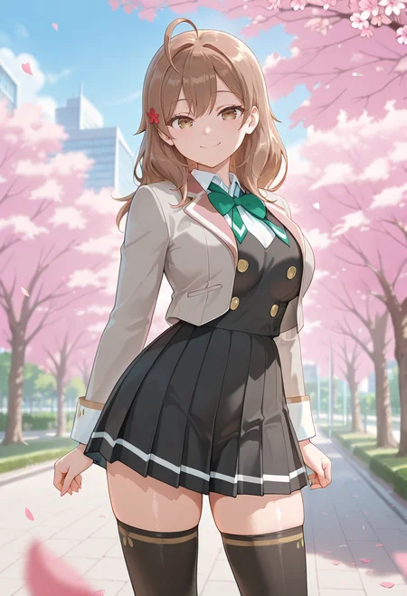 masterpiece,best quality,absurdres, amazing quality, shiny skin
tokyo \(city\), park, cherry blossoms, falling petals, cowboy shot, looking at viewer, standing, smile
<lora:mariyamikhailovnakujou-11:1> masha, 1girl, brown hair, shirt, school uniform, jacket, brown eyes, white shirt, collared shirt, long hair , (one red flower), long sleeves, bow, green bow, grey jacket, skirt, thighhighs, black thighhighs, zettai ryouiki, pleated skirt, ahoge, open jacket, large breasts, legs apart
