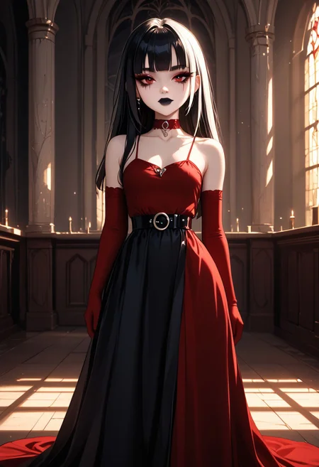 (masterpiece), 8k, best quality, ultra-detailed, (high res), cinematic lighting, beautiful lighting, high quality, studio quality, detailed, insanely detailed, extreme detail, refined detail, perfect detail, max detail, smooth lighting, detailed background, hyper detailed body, beautiful lighting, vibrant lighting, global illumination, absurdres, high-res, dynamic lighting, score_9, score_8_up, score_7_up, score_6_up, score_5_up, score_4_up, ponypositive, 1girl, solo, solo focus, (narrow waist, skinny, small body, slim), looking at viewer, (3/4 view), indoors, (Gothic Castle), bright lighting, daylight, sunshine, cute, kawaii, gleaming eyes, (closed mouth), no expression, legs spread, big eyes, (standing), alone, Expressiveh, (hands by sides), (rating_safe, sfw), cgi, (dark red dress, black dress accents), goth, blunt bangs, (dark red elbow gloves), long hair, red eyes, makeup, (black leather boots), black stockings, (dark red choker), lips, total drama, Crimson_(Total_Drama), (pale white skin), black lips, lipstick, (black hair, white bangs, multi-colored hair, streaks), (long dress), (goth makeup), black belt, jewelry,