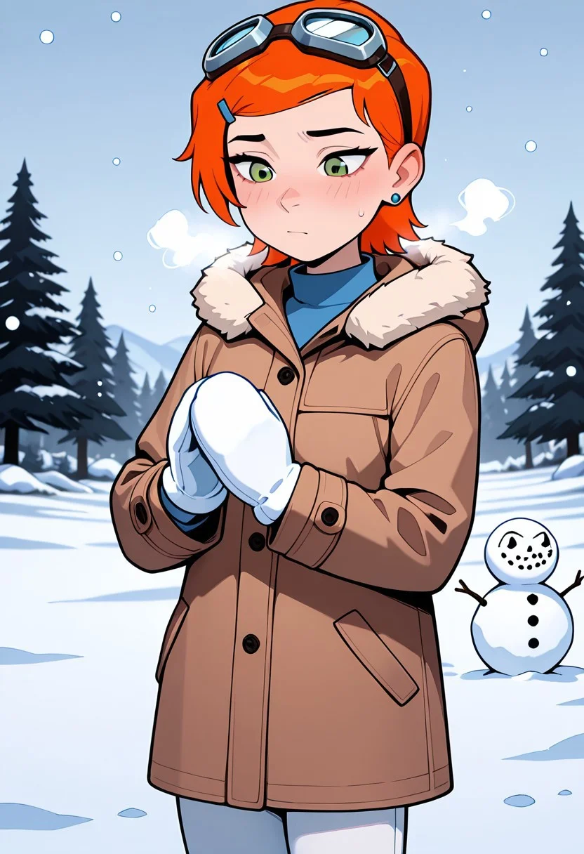 ((screencap, cartoon)) , masterpiece, best quality, amazing quality, very aesthetic, absurdres, newest,
gwenos, short hair, hairclip, orange hair, 1girl, , earrings, ((solo)),, eye liner, green eyes
winter coat, tall collar, blue shirt,, cat print, white pants
shivering, snow, snowman, hands together, snowing a lot, heavy snow, snow gloves, snow goggles, goggles on head,