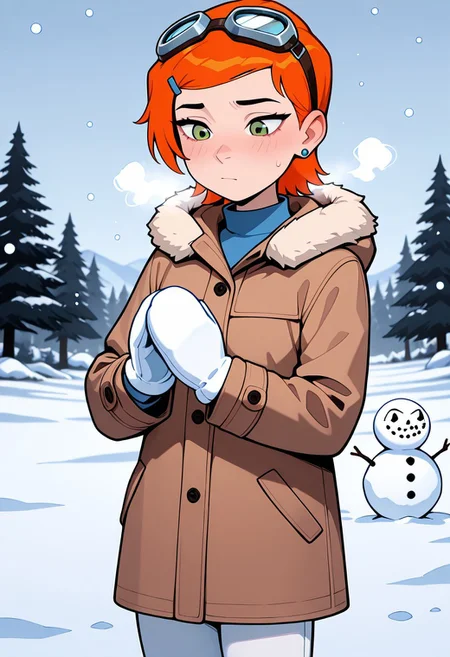((screencap, cartoon)) , masterpiece, best quality, amazing quality, very aesthetic, absurdres, newest,
gwenos, short hair, hairclip, orange hair, 1girl, , earrings, ((solo)),, eye liner, green eyes
winter coat, tall collar, blue shirt,, cat print, white pants
shivering, snow, snowman, hands together, snowing a lot, heavy snow, snow gloves, snow goggles, goggles on head,
