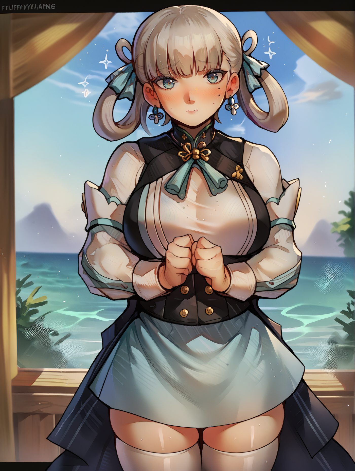 score_9, score_8_up, score_7_up, score_6_up, BREAK,<lora:FluffyDango_Style_Pony9:1>, 1girl, solo, large breasts, cowboy shot, <lora:add-detail-xl:.5>, <lora:jinhsi_(wuthering_waves)_pony:0.8>,  jinhsi_(wuthering_waves), earrings, hair ribbon, hair rings, white thighhighs, blushing, looking at viewer, shy