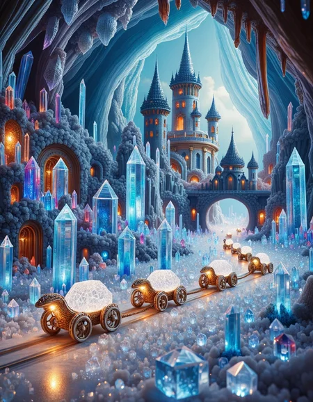 an elaborate fantasy landscape inside a geode full of <lora:ral-crystalz:1> crystalz. Tiny crystal castles are nestled here and there along a road among the crystalz. Tiny carts heading away from the viewer are pulled by gem-encrusted lizards along the road. The carts are full of glittering white gems.