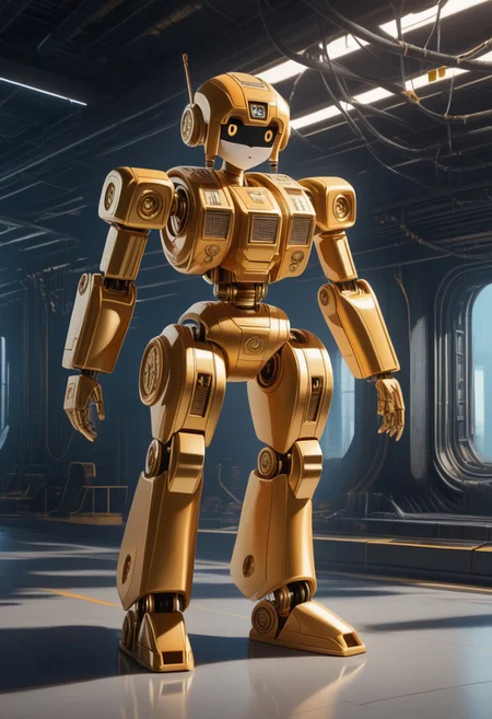 A futuristic world where robots and machines are painted in hues of gold, with gold serving as exterior cladding. full body of Robot, The technology could be sleek, modern, and slightly quirky, with the orange giving it a pop of energy and excitement, pmg style, cute kawaii robot