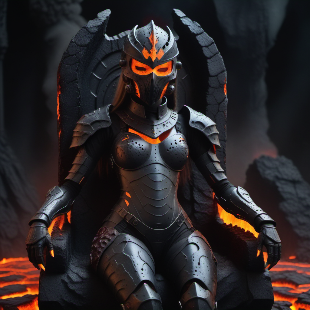 <lora:World_of_Brimstone_XL:1> worldofbrimstone, scifi,  1girl, sitting on throne, armoured, helmet, metal face mask, looking at viewer,
